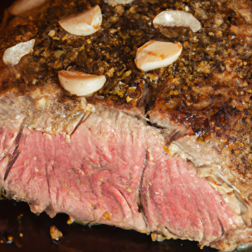 Close-up of a garlic and herb crusted roast beef, fresh out of the oven