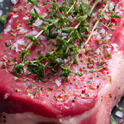 Seasoning a raw steak with salt, pepper, and herbs before cooking