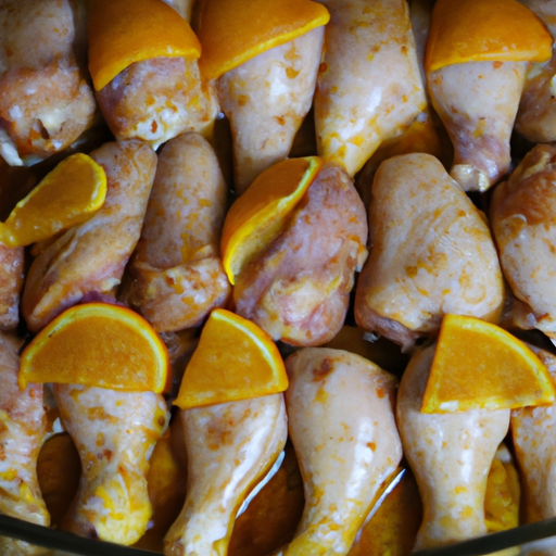 Boneless, skinless chicken thighs marinating in a mixture of orange juice, soy sauce, honey, garlic, and ginger